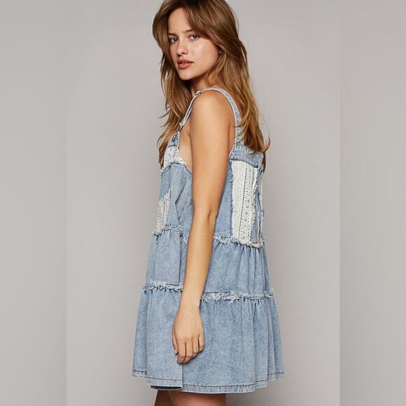 954. DENIM FRAYED EDGE BUTTON OVERALL DRESS - Picture 3 of 5